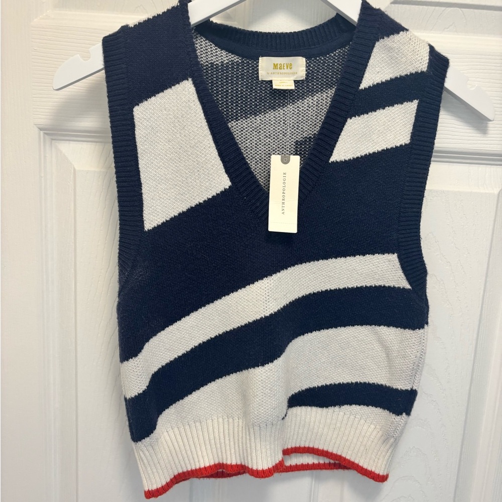 NWT Anthropologie Maeve Navy and White V-Neck Sweater Vest